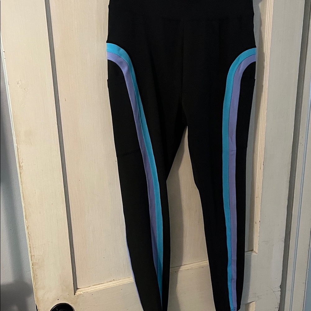PopFit Black Leggings with Blue and Lavender Side Stripes XL